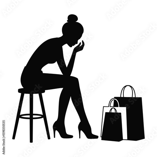 Silhouette of girl trying on high heels sitting on stool with shopping bags on floor, fashion purchase moment, isolated black and white vector illustration