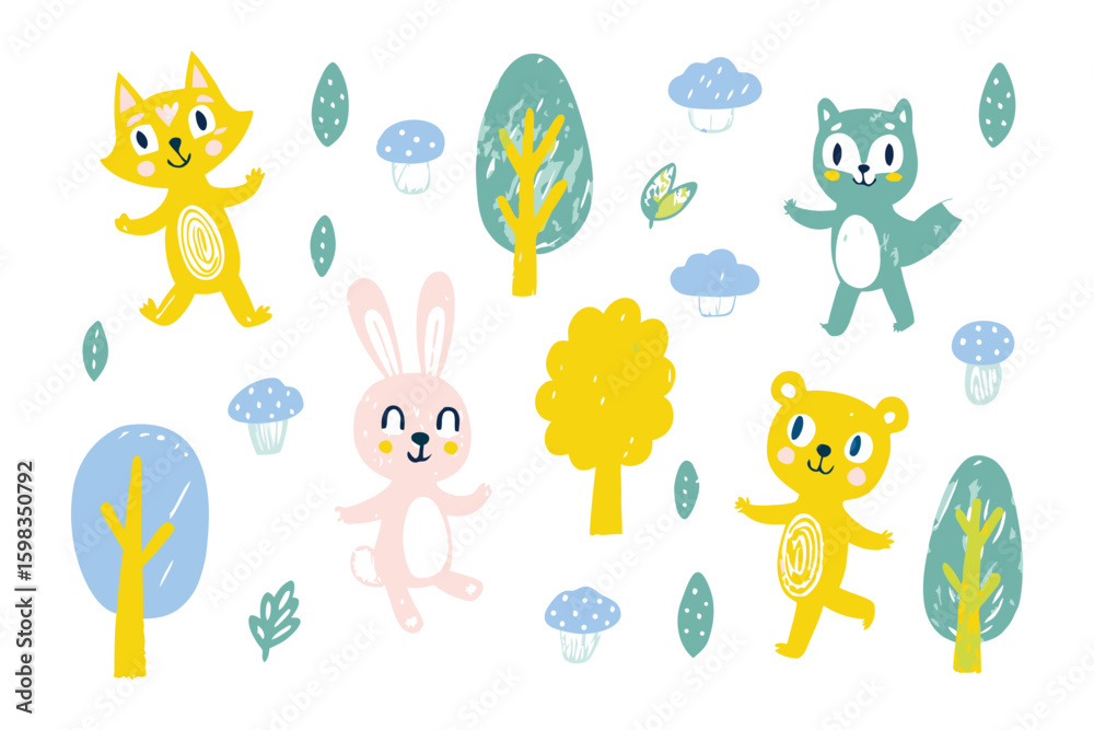 Naklejka premium Whimsical Woodland Wonders: Adorable woodland creatures frolic amongst stylized trees and mushrooms, creating a playful scene of forest fantasy and charming allure.