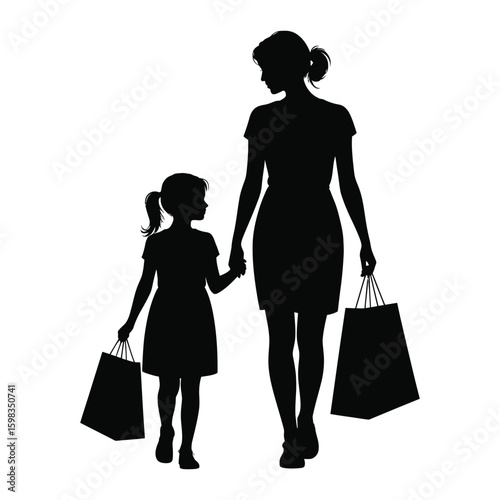 Silhouette of mother and daughter walking hand in hand with shopping bags, family shopping concept isolated black and white vector illustration