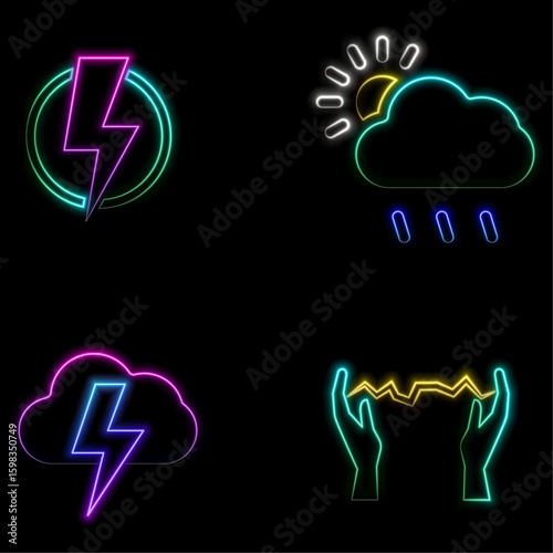 3D lightning set. neon style.Lightning, lightning on black background. Energy, power, charging logo design. Modern flat style vector illustration.
