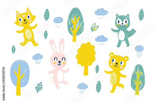 Whimsical Woodland Wonders: Adorable woodland creatures frolic amongst stylized trees and mushrooms, creating a playful scene of forest fantasy and charming allure.