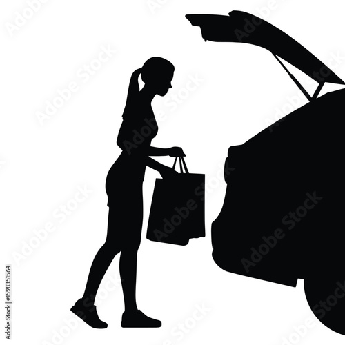 Silhouette of woman placing groceries into car trunk with bags in both hands, everyday supermarket routine, isolated black and white vector illustration