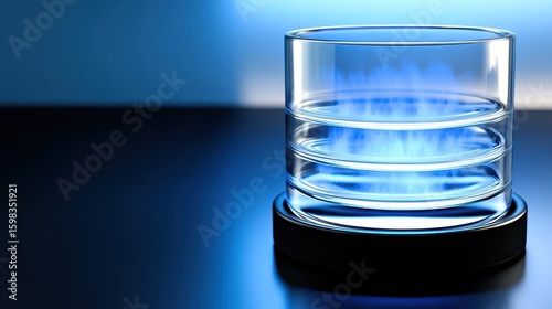 Transparent glass container with vibrant swirling blue smoke effect