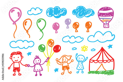 Playful Sketch: An animated illustration of a group of children reveling in a carnival setting, joyfully clutching balloons and balloons with a backdrop of clouds and a circus tent. 
