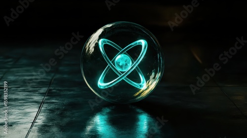 Transparent Sphere with Glowing Atomic Structure on Dark Surface