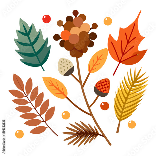 A collection of autumn elements including leaves berries acorns and pine needles