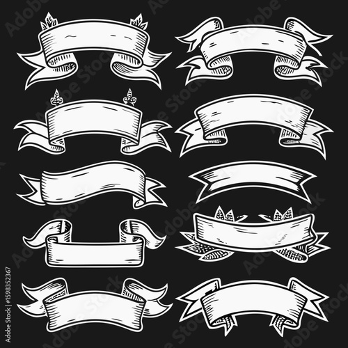 Collection of vintage hand drawn ribbon banners and scrolls in black and white