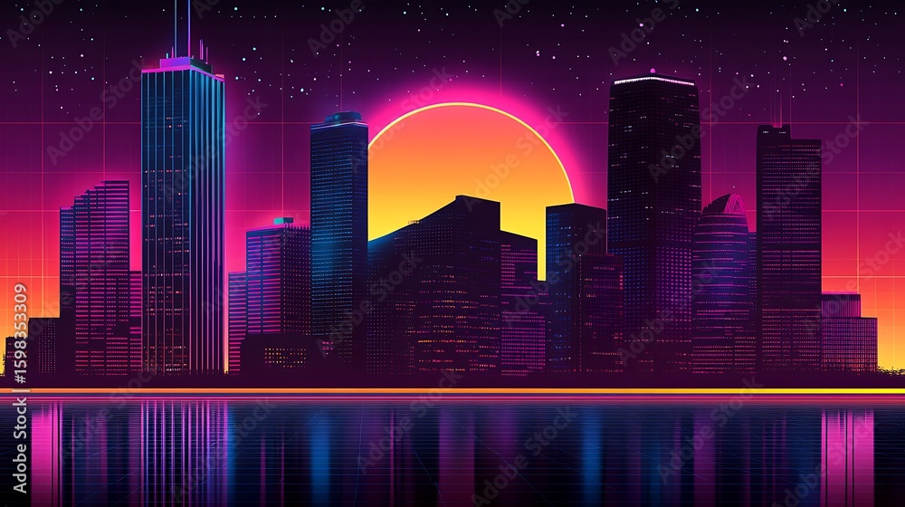 Naklejka premium Retro futuristic city skyline at sunset.