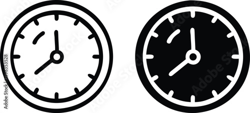 Clock Icon Set in Black and White Outline and Solid Style for Time and Schedule Design