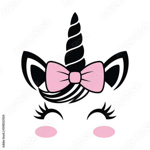 Unicorn face with oversized bow on forehead in girly cute fashion style, black and white vector illustration