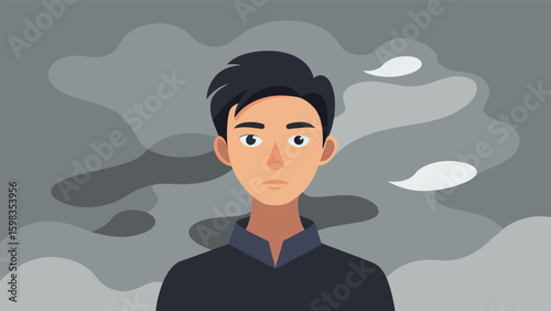 A minimalistic selfportrait shows the artist in a foggy and blurred background while their face is sharply focused representing their struggle with. Vector illustration