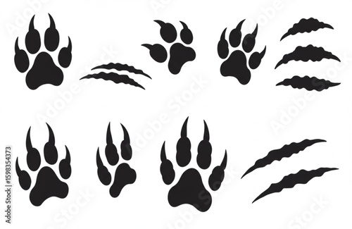 Animal silhouette claw paw marks, scratches, talons cuts cat, tiger, dog, lion, monster isolated on white background. Vector flat illustration. Design for animal print, banner, poster See Less
