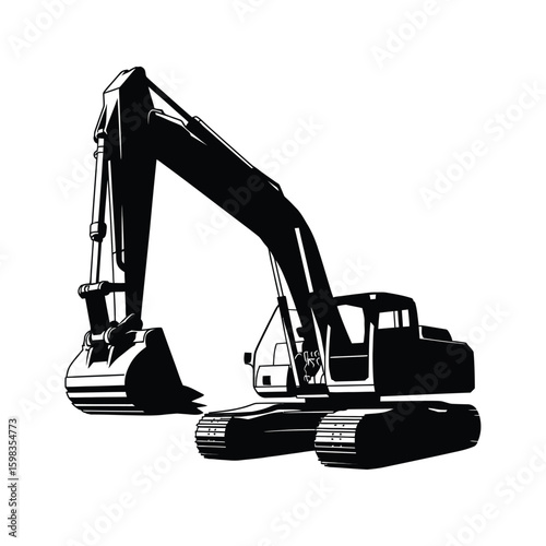 Black and white illustration of a heavy duty excavator on a white background