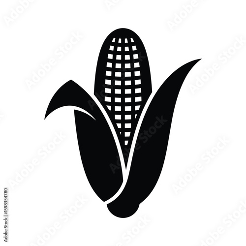 Simple black silhouette of an ear of corn with leaves