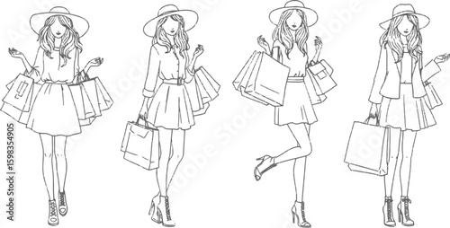 Vector art of a fashionable collection of women shopping in various poses isolated on white background in line art