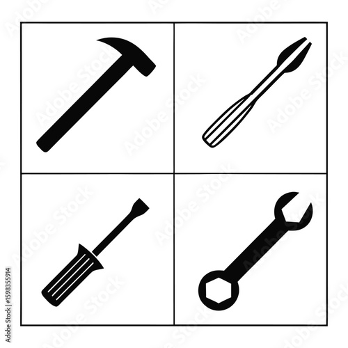 Black and white vector illustration of a hammer a screwdriver an awl and a wrench arranged in a four panel grid on a white background