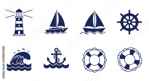 Nautical themed icons featuring a lighthouse, sailboats, a ship's wheel, a wave, an anchor, and life preservers.
