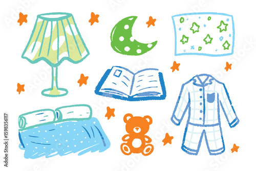 Cozy Night Essentials: A whimsical illustration showcasing nighttime essentials for comfort and serenity: a bedside lamp, a plush teddy bear, a tranquil bed, a calming moon, starry sheets.