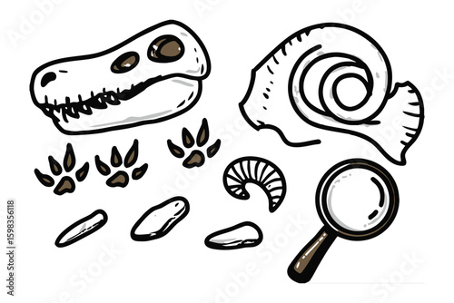 Ancient Artifacts Discovery: A hand-drawn illustration reveals a collection of ancient artifacts. Featuring a dinosaur skull, fossils, magnifying glass, and animal footprints.
