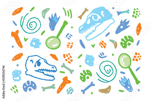 Dino-Discovery:An eye-level view, showcasing an illustrated collection of prehistoric elements, fossils and magnifiers arranged on a plane, bringing an educational display of discovery 