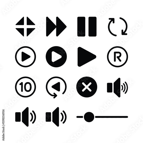 Collection of black multimedia player icons and symbols on white background