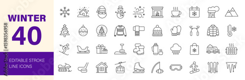 Winter icon set. Containing snow, snowflake, cold, ski, Christmas, Santa Claus, icicle, snowman, sleigh, sweater, ice skates, snowboard and more. Editable line icons. Vector illustration.
