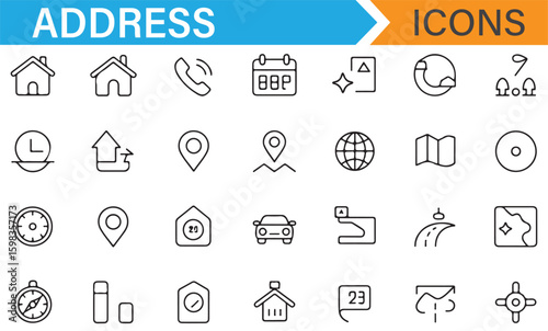 A variety of address icons for map navigation, contact, and geographical locations