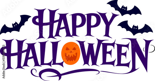 Happy Halloween  inscription with pumpkin and bats