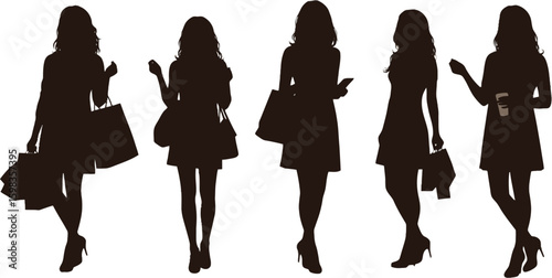 Vector art of silhouette of women with shopping bags and coffee cups isolated on white background