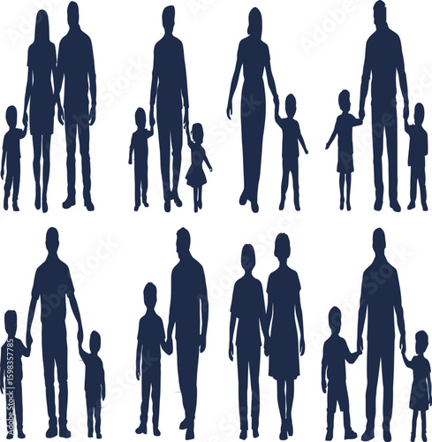 Silhouette depictions of families with parents holding hands with their children in various arrangements