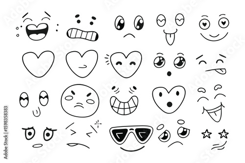 Expressions of Emotions: A collection of cartoon face expressions, depicting diverse emotions. The simplicity of lines gives artistic feeling, perfect for communication concept.