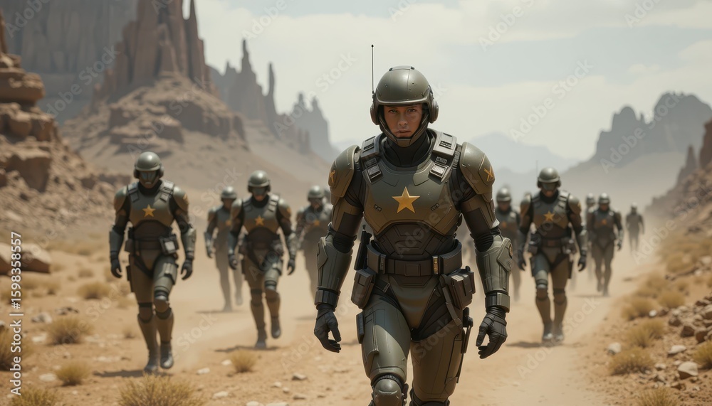 Fototapeta premium Futuristic Soldiers Marching Through Desert Landscape in Sci-Fi Setting