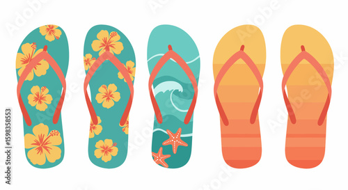 Illustration of five colorful flip-flops, two pairs with floral patterns and one with a wave and starfish design.