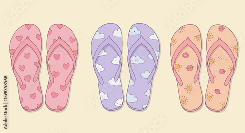Three pairs of colorful flip-flops with different patterned soles.