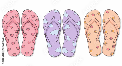 Three pairs of colorful flip-flops with different summery patterns.