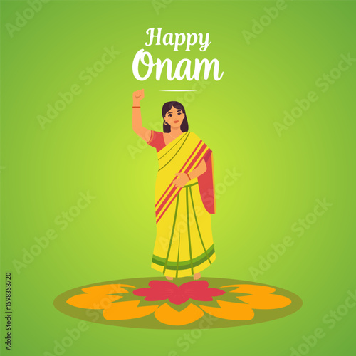 Onam happy festival girl flowers, vector art illustration.