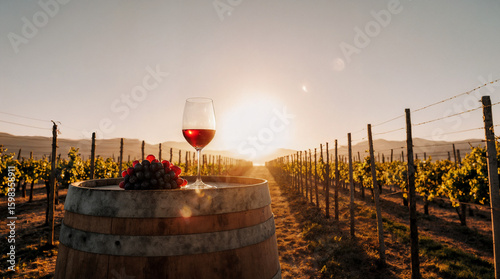 copa de vino sobre barril de madera con uvas del lado izquierdo de la imagen , atardecer , vineyard mendoza argentina wine, wine cellar, grapes, vines	