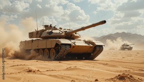 Military Tank in Desert Landscape with Dust and Dramatic Sky