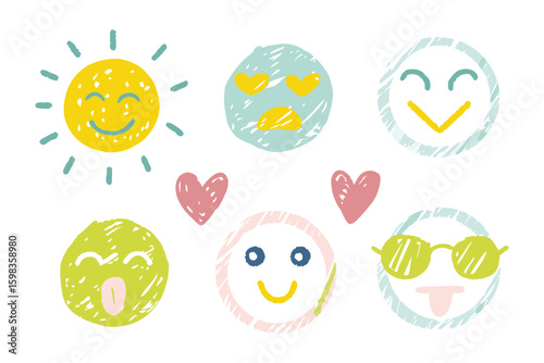 Joyful Emoticons: A collection of cheerful emoticons, radiating happiness, love, and positive vibes. Each playful character is a simple illustration of a sunny disposition.