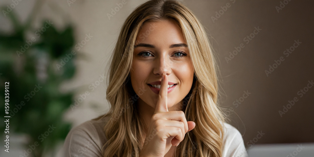Naklejka premium Smiling Woman Holding Finger to Lips in Quiet Gesture, Blending Playfulness, Calm, and the Power of Silent Expression