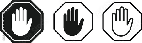 Stop Hand Octagon Icons – Set of Flat Safety Signs with Black and White Hands in Traffic Symbol Style