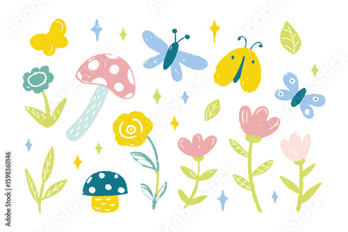 Whimsical floral element design : A colorful design showcasing a charming collection of cartoon flower with whimsical touch, offering a lighthearted and joyful aesthetic