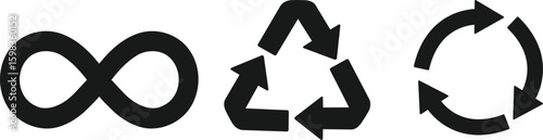 Sustainability Icon Set – Black Recycling, Infinity, and Circular Arrow Symbols Representing Eco and Renewable Concepts