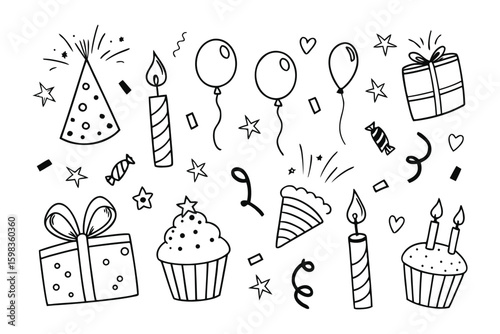 Celebration of Festivities: A whimsical hand-drawn arrangement of celebratory objects. The collection is filled with party hats, candles, balloons, confetti, cupcakes, gifts.