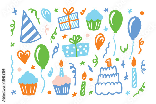 Festive Birthday Elements: Delightful hand-drawn elements create a charming scene, perfect for celebrating a joyous birthday occasion.