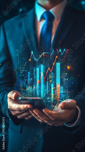 Businessman holding mobile phone displaying financial data and cityscape with rising market graphs