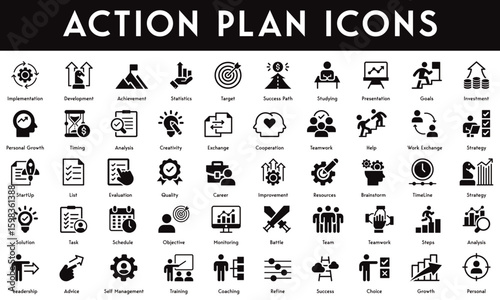Action Plan Icons set vector illustration with collection of  implementation, development, goals, investment, personal, growth, choice, success, refine, coaching, training, self management, advice.