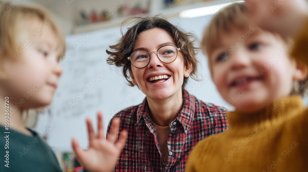 Obraz premium Smiling teacher engaging with kids in a lively classroom, fostering a positive and educational environment.