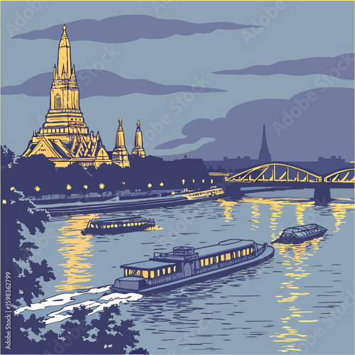 Night view of Wat Arun Temple and Chao Phraya River boats in Bangkok – vector illustration