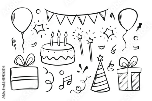 Joyful Birthday Set: An artistic illustration filled with birthday elements, evoking a sense of celebration and festive joy. The illustration features a cake, presents, balloons, confetti.